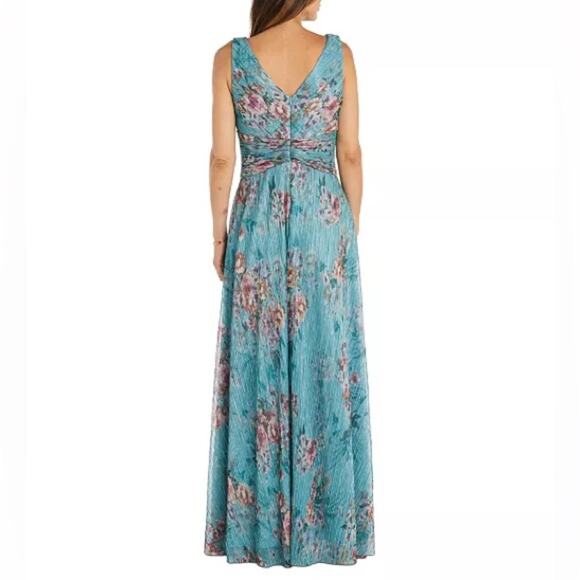 R & M Richards Women's Metallic Floral Print Sleeveless Gown Turquoise Sz 12 - Picture 5 of 10